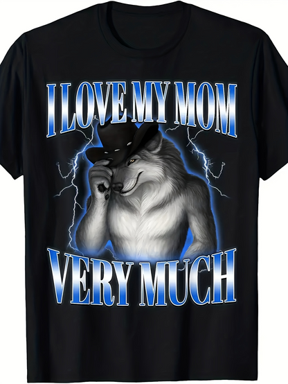 Men's Graphic T-Shirt I Love My Mom Very Much Blue Lightning With Cowboy Hat Wolf