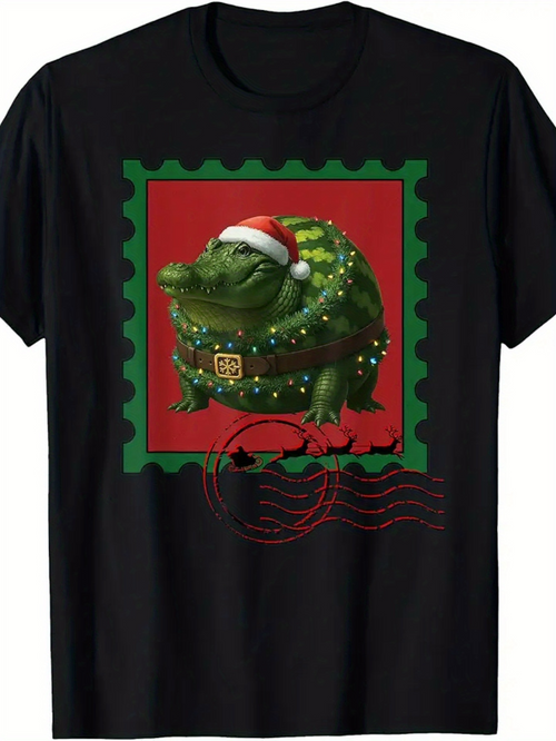 Men's Graphic T-Shirt Christmas Lights Festive Holiday Santa Hat Alligator