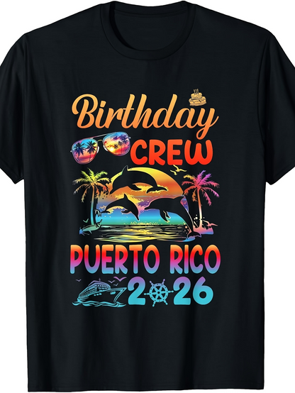 Men's Graphic T-Shirt Birthday Crew Colorful Sunset With Dolphins Palm Trees Puerto Rico 2026