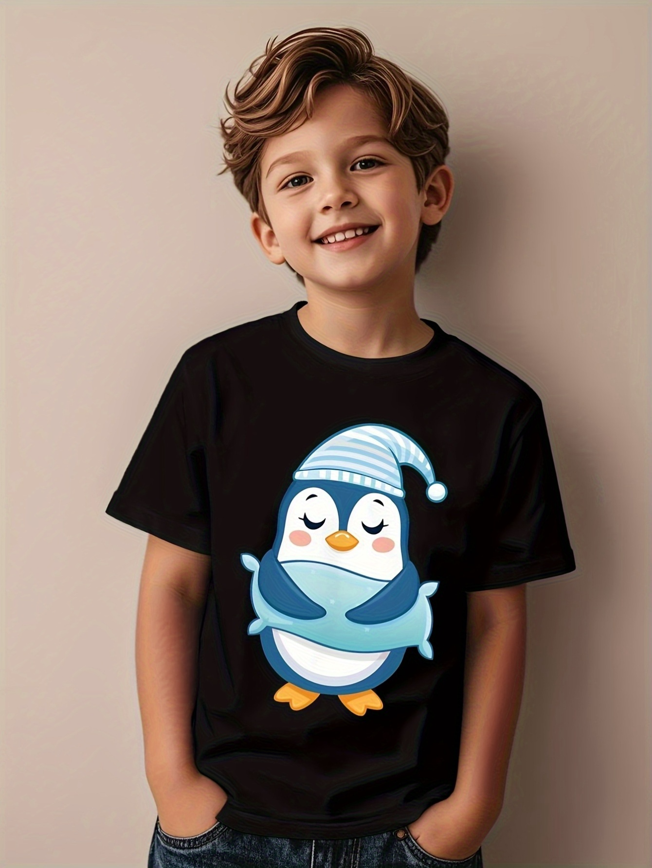 Men's Graphic T-Shirt Dreamy Blue Penguin With Striped Sleeping Cap Standing Peacefully Penguin