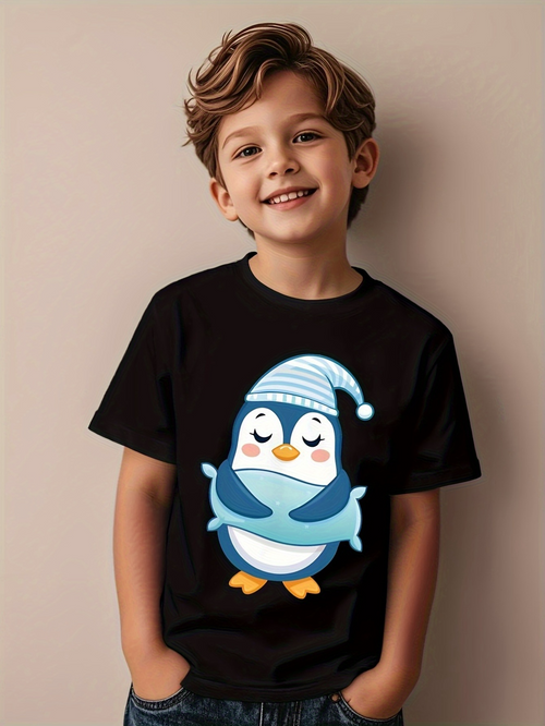 Men's Graphic T-Shirt Dreamy Blue Penguin With Striped Sleeping Cap Standing Peacefully Penguin