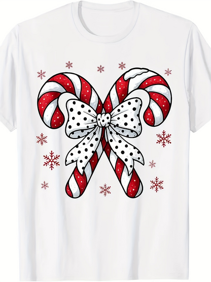 Men's Graphic T-Shirt Red Striped Candy Canes With Dotted Bow And Snowflakes Candy Cane