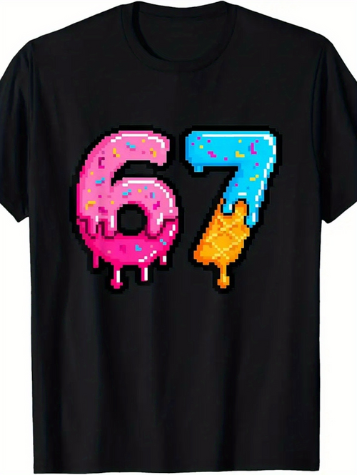 Men's Graphic T-Shirt Dripping Neon Sprinkles With Pixel Colorful Numbers On Black Shirt