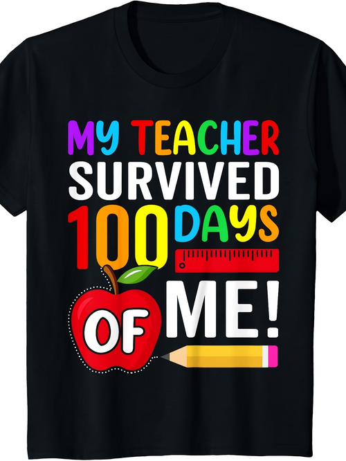 Men's Graphic T-Shirt My Teacher Survived One Hundred Colorful School Days With Apple Ruler Pencil