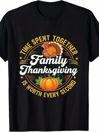 Men's Graphic T-Shirt Time Spent Together With Turkey Pumpkin And Fall Harvest Thanksgiving