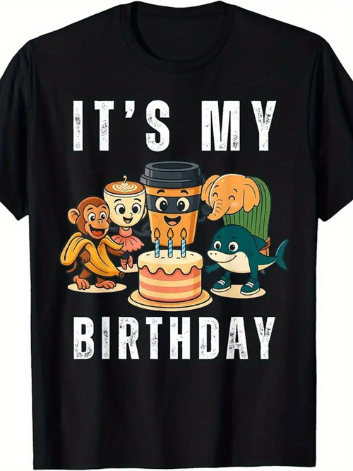 Men's Graphic T-Shirt Its My Birthday With Cartoon Animals Smiling Around A Cake