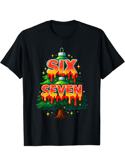 Men's Graphic T-Shirt Six Seven Melting Orange Letters On Festive Christmas Pine Tree