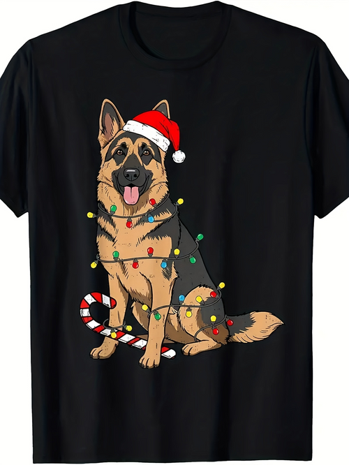 Men's Graphic T-Shirt Christmas Lights Wrapped Around German Shepherd Dog