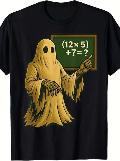 Men's Graphic T-Shirt Chalkboard Math Puzzle With A Cartoon Teacher Ghost