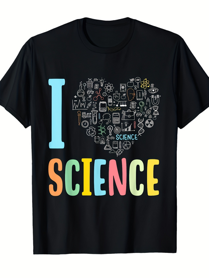 Men's Graphic T-Shirt I Love Science With Colorful Letters And Doodle Heart Filled With Scientific Icons
