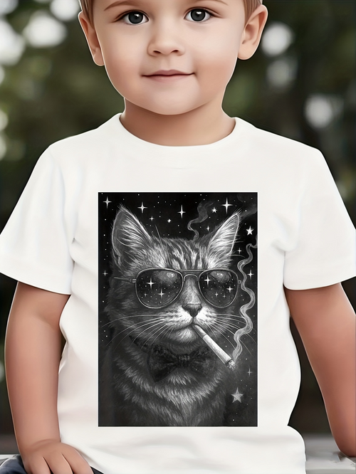Men's Graphic T-Shirt Night Sky With Smoking Cat Wearing Sunglasses And Glowing Stars Cat