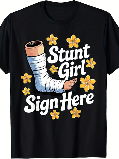 Men's Graphic T-Shirt Stunt Girl Sign Here Surrounded By Cheerful Yellow Flowers And Wrapped Plaster Cast Arm