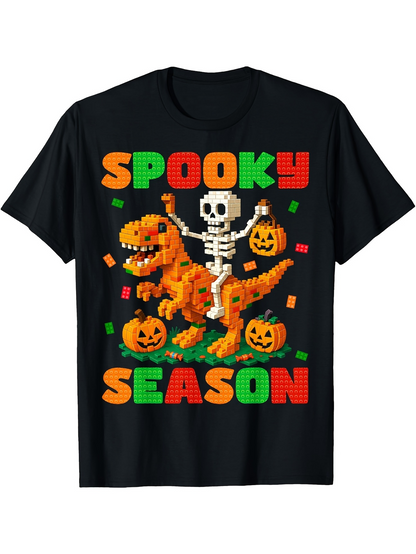 Men's Graphic T-Shirt Spooky Season Dancing Skeleton With Pumpkins Among Orange Dinosaur
