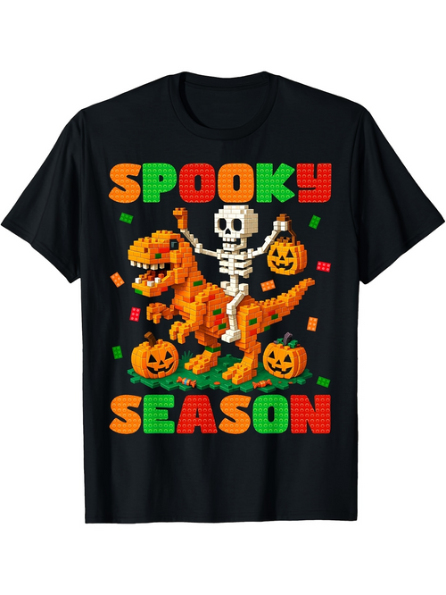 Men's Graphic T-Shirt Spooky Season Dancing Skeleton With Pumpkins Among Orange Dinosaur