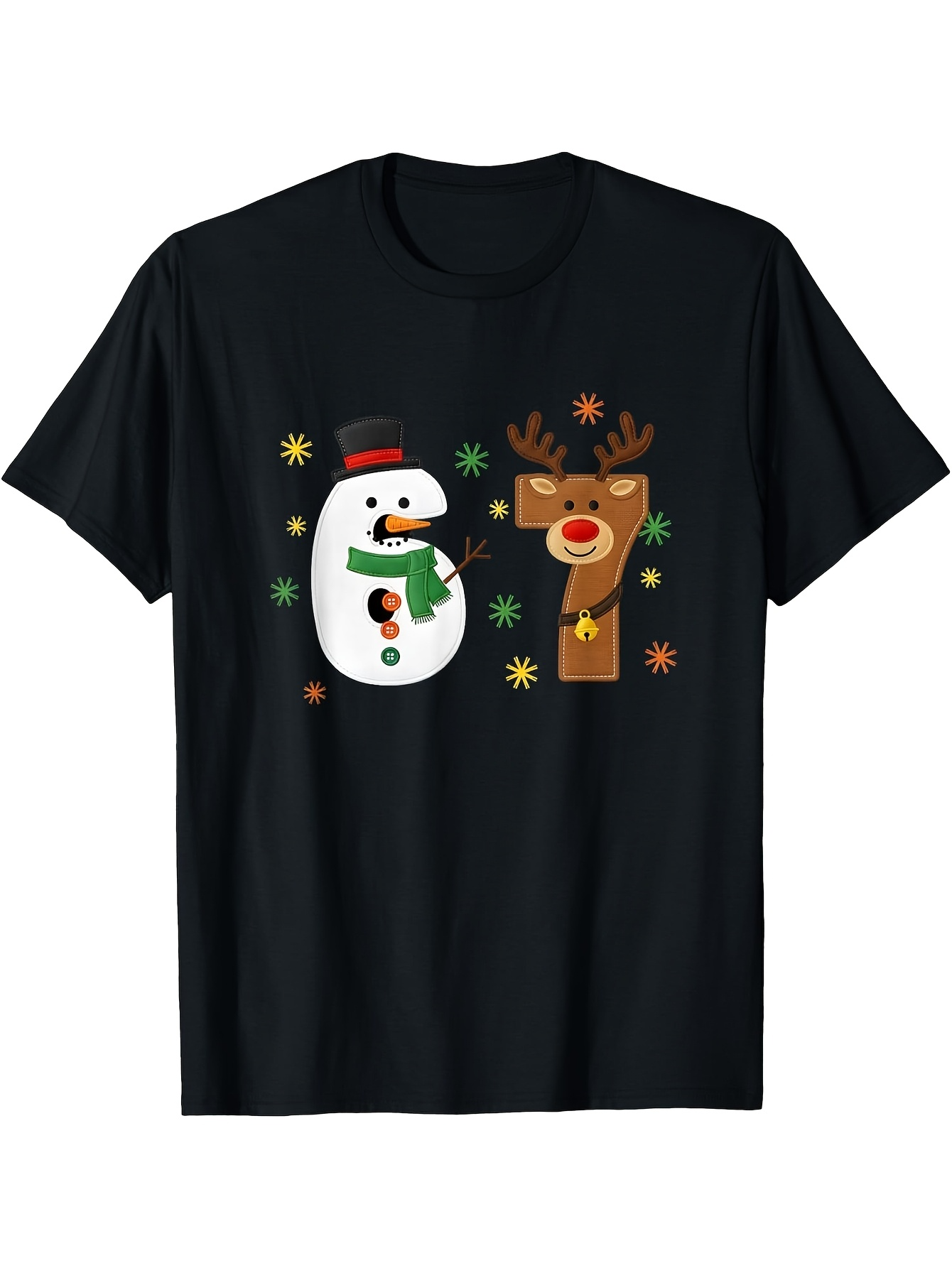 Men's Graphic T-Shirt Festive Cheerful Snowflakes With Cute Snowman And Reindeer