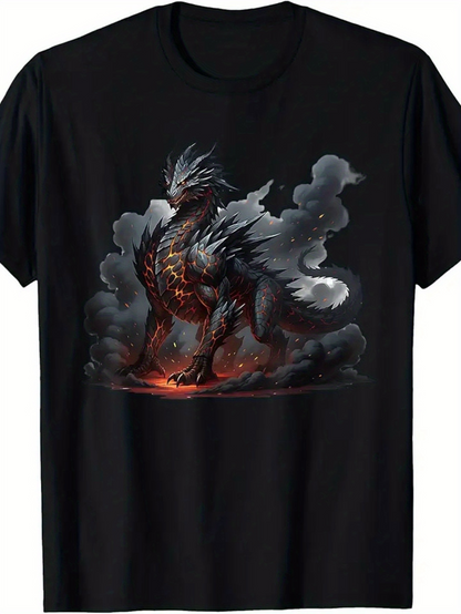 Men's Graphic T-Shirt Fiery Smoke Among Dark Clouds With Majestic Mythical Black Dragon