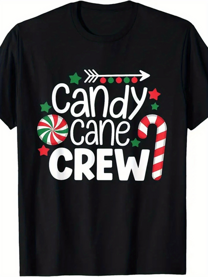 Men's Graphic T-Shirt Candy Cane Crew With Festive Holiday Stars And Striped Christmas Candy