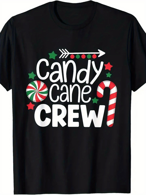 Men's Graphic T-Shirt Candy Cane Crew With Festive Holiday Stars And Striped Christmas Candy