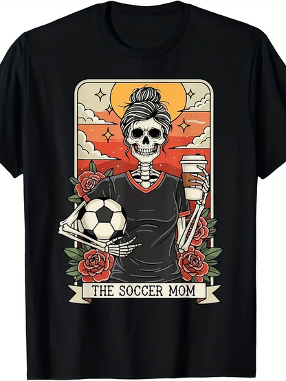 Men's Graphic T-Shirt The Soccer Mom Skeleton With Coffee Roses And Sunset Background