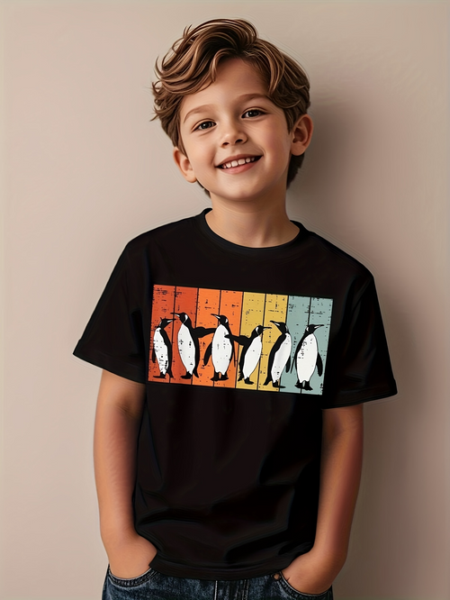 Men's Graphic T-Shirt Retro Rainbow Stripes With Dancing Cartoon Style Penguins