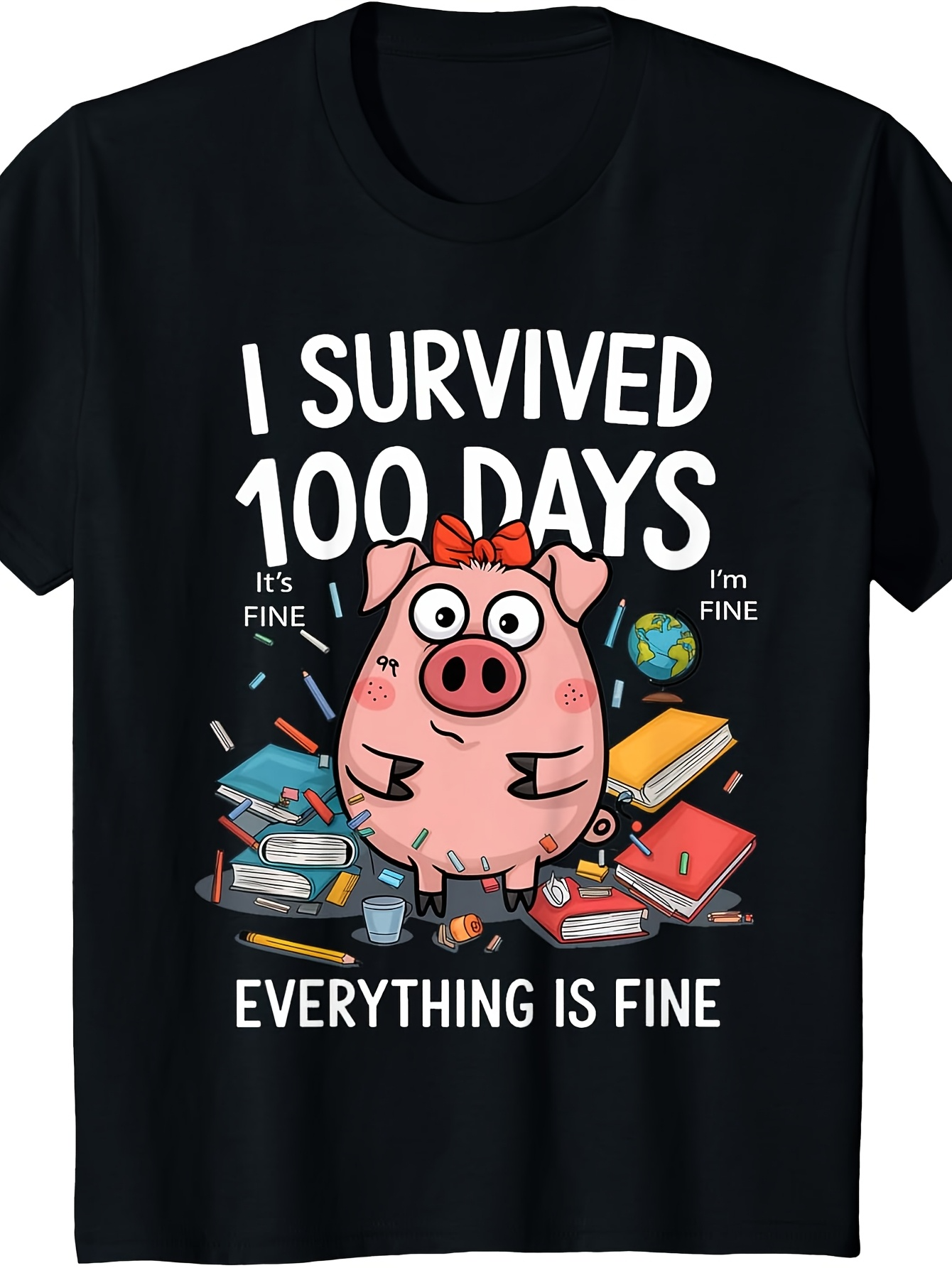 Men's Graphic T-Shirt I Survived One Hundred Days Surrounded By Books Pencils Confetti Pig
