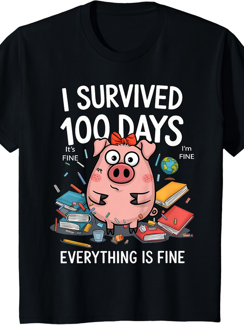 Men's Graphic T-Shirt I Survived One Hundred Days Surrounded By Books Pencils Confetti Pig