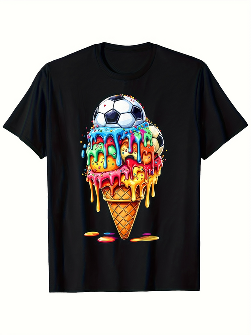 Men's Graphic T-Shirt Colorful Melting Ice Cream Cone With Dripping Sweet Layers Under Soccer Ball