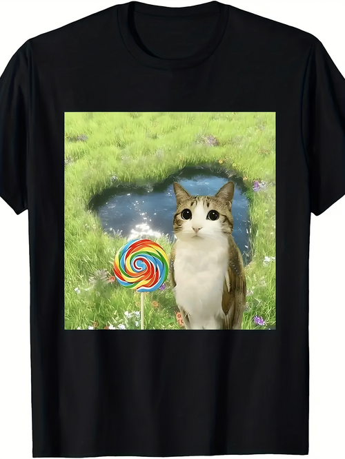 Men's Graphic T-Shirt Colorful Candy Lollipop In Grassy Meadow Beside Cute Cat