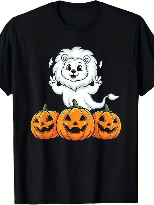 Men's Graphic T-Shirt Playful White Lion With Happy Halloween Pumpkins Illustration