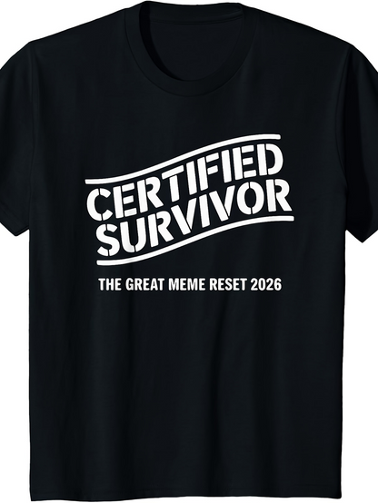 Men's Graphic T-Shirt Certified Survivor The Great Meme Reset 2026 Bold Lettering On Soft Black Cotton T Shirt