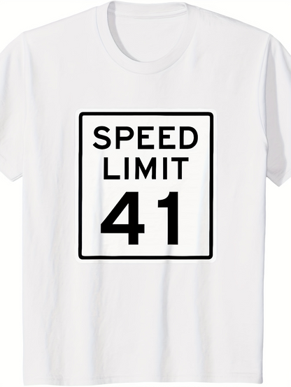 Men's Graphic T-Shirt Speed Limit 41 Bold Black Letters Surrounded By Square Border On White Shirt
