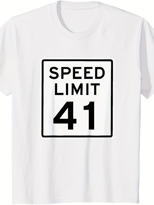 Men's Graphic T-Shirt Speed Limit 41 Bold Black Letters Surrounded By Square Border On White Shirt