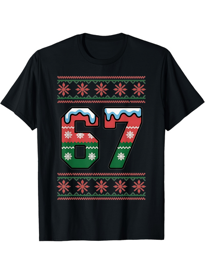 Men's Graphic T-Shirt Festive Red And Green Patterned Snowflake Number Sixty Seven