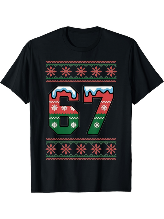 Men's Graphic T-Shirt Festive Red And Green Patterned Snowflake Number Sixty Seven
