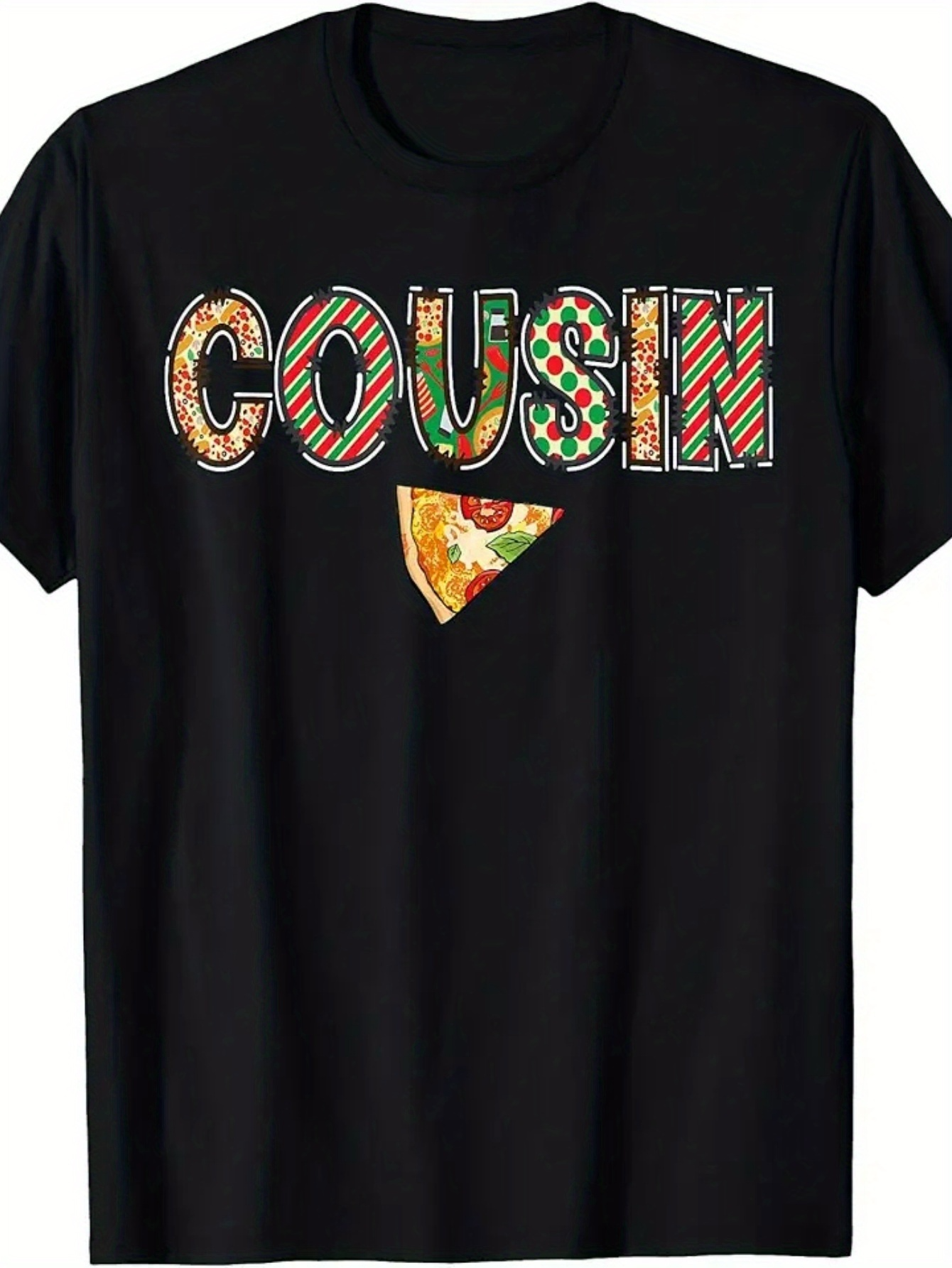 Men's Graphic T-Shirt Cousin With Playful Toppings Pattern And Pizza Slice Under Lettering