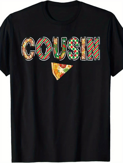 Men's Graphic T-Shirt Cousin With Playful Toppings Pattern And Pizza Slice Under Lettering