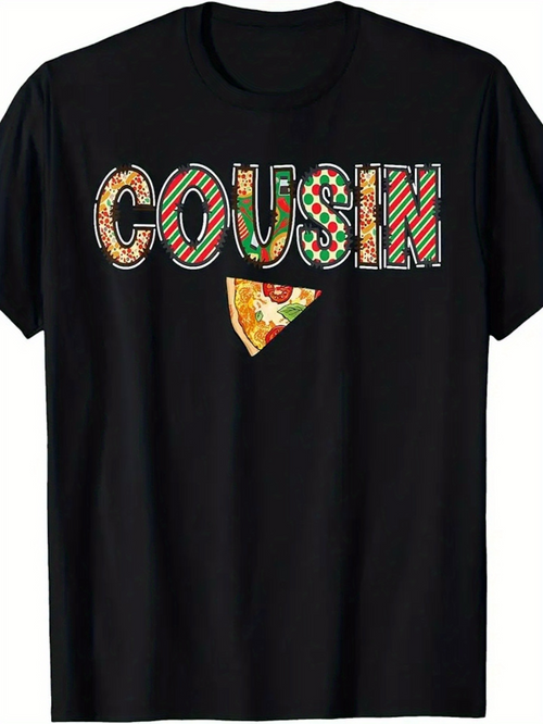 Men's Graphic T-Shirt Cousin With Playful Toppings Pattern And Pizza Slice Under Lettering