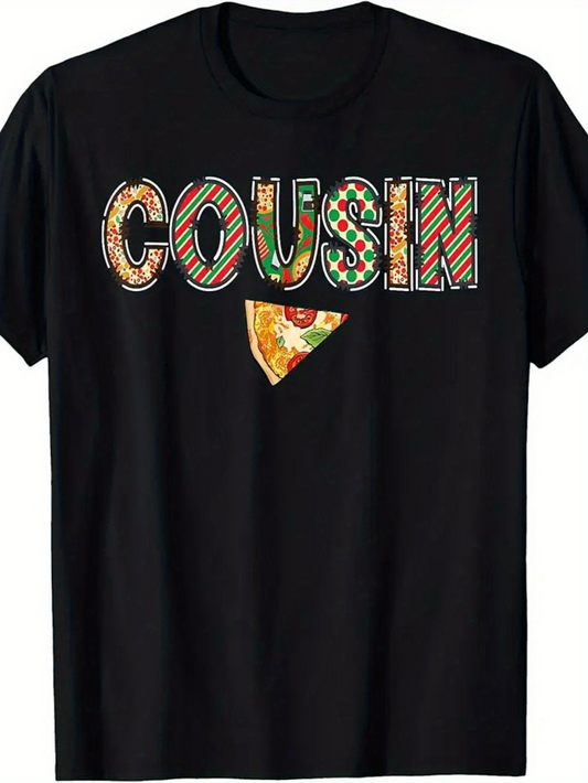 Men's Graphic T-Shirt Cousin With Playful Toppings Pattern And Pizza Slice Under Lettering