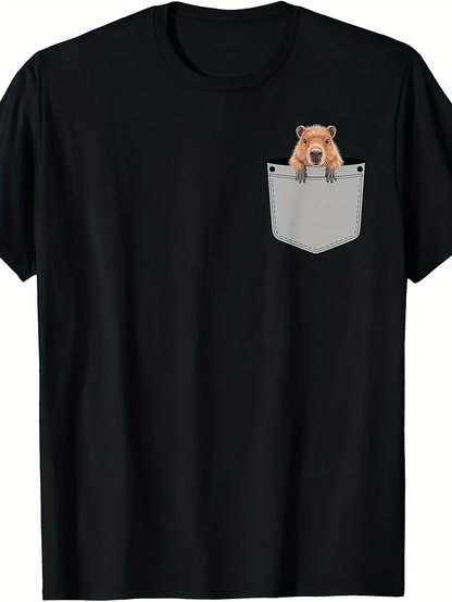 Men's Graphic T-Shirt Adorable Curious Bear Peeking Out From Small Gray Pocket T Shirt
