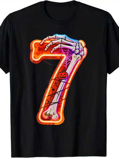 Men's Graphic T-Shirt Neon Skeleton Hand Wrapping Bone Web Pumpkin Number Seven