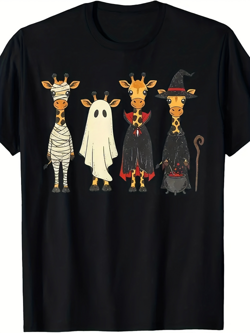 Men's Graphic T-Shirt Playful Halloween Costumes With Standing Cartoon Style Giraffes