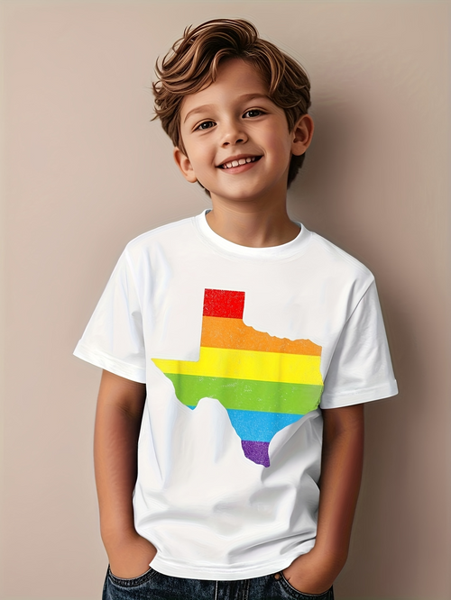 Men's Graphic T-Shirt Vibrant Rainbow Colors Spanning Across Texas State Silhouette Map
