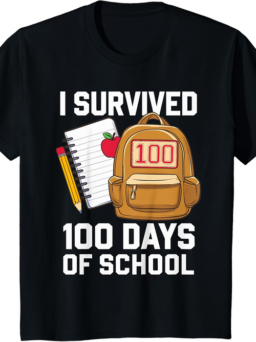 Men's Graphic T-Shirt I Survived 100 Days Of School With Stationery Apple And Backpack