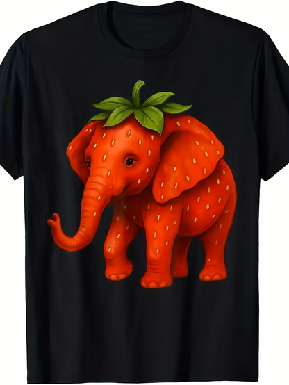 Men's Graphic T-Shirt Playful Elephant Shaped Like A Luscious Strawberry With Green Leaves Elephant