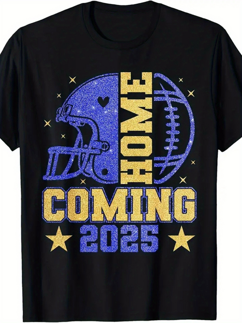 Men's Graphic T-Shirt Homecoming 2025 Glitter Blue Yellow Stars Football Helmet