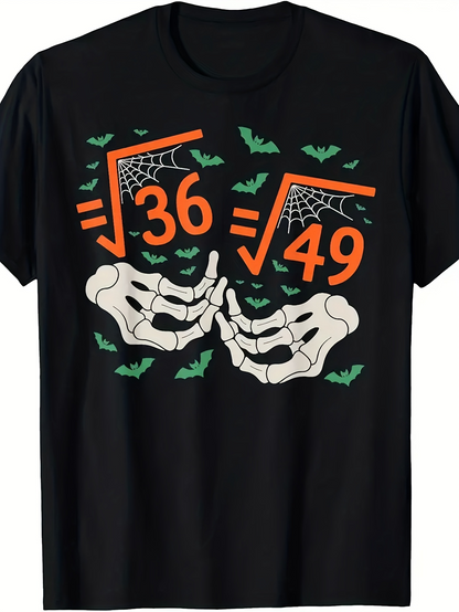 Men's Graphic T-Shirt Spooky Math Symbols With Skeleton Hands And Small Green Bats