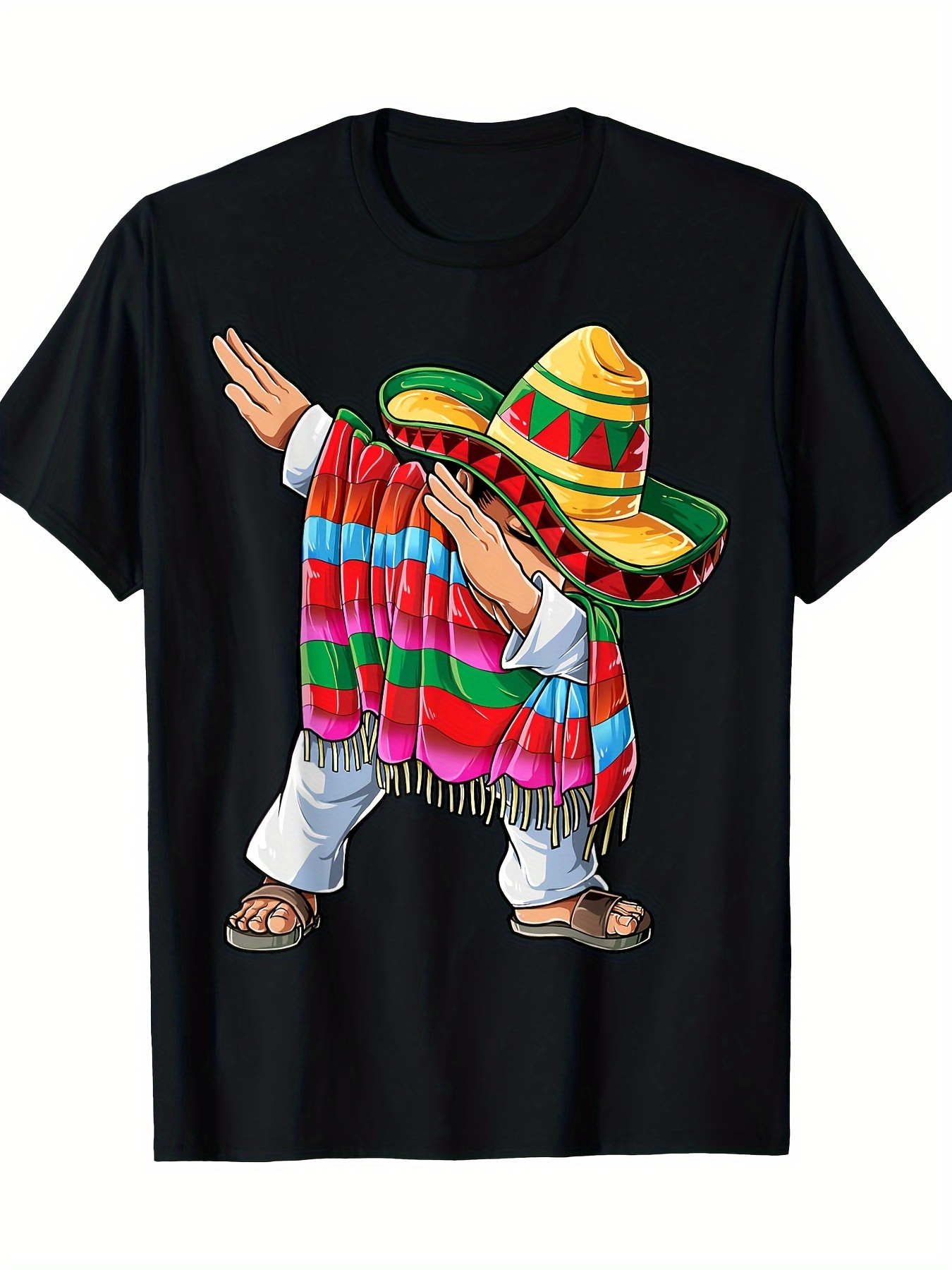 Men's Graphic T-Shirt Colorful Traditional Hat And Striped Poncho Dancing Cartoon Character