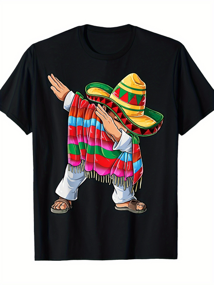 Men's Graphic T-Shirt Colorful Traditional Hat And Striped Poncho Dancing Cartoon Character