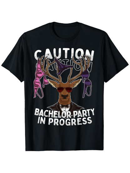 Men's Graphic T-Shirt Caution Bachelor Party In Progress With Sunglasses Wearing Deer Antlers