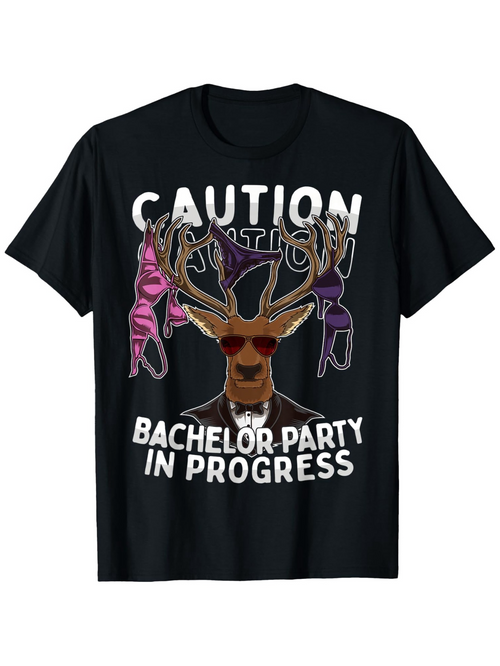 Men's Graphic T-Shirt Caution Bachelor Party In Progress With Sunglasses Wearing Deer Antlers